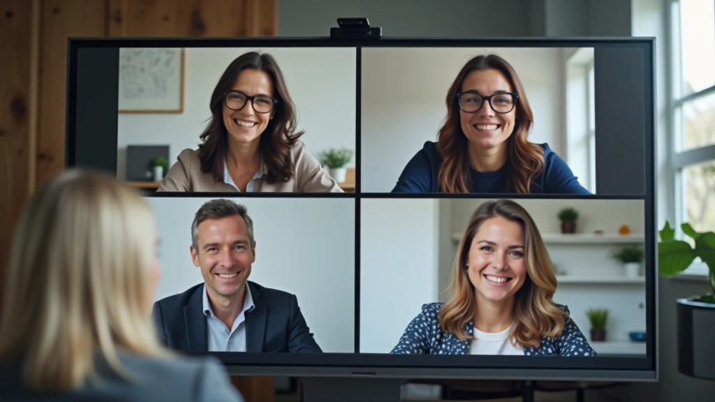 Vier personen zitten rond een virtuele tafel in een videocall, scherm toont taken en progress bars