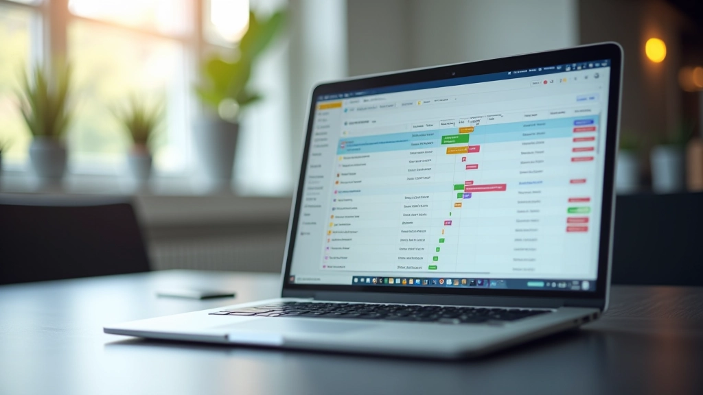 Laptop scherm met taakbeheer software, kleurgecodeerde taken en deadlines zichtbaar op dashboard