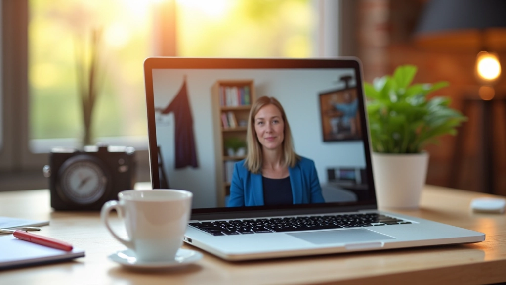 Laptop met videoconferentie op scherm, kopje koffie ernaast, thuis kantoor setup, warm licht