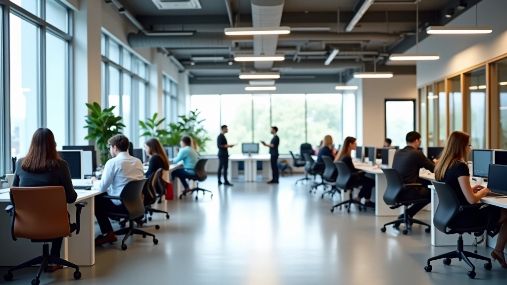 Kantoor met flexibele werkplekken, zithoeken met fauteuils, open ruimte met grote ramen