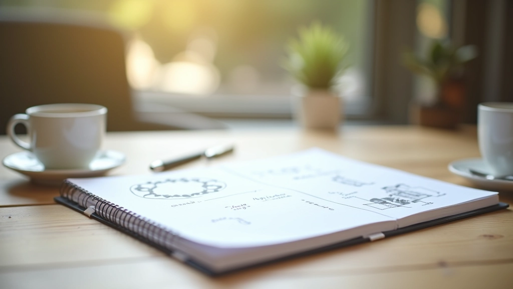 Notitieblok met handschrift, pen ernaast, brainstorm notities zichtbaar, creatieve werkplek