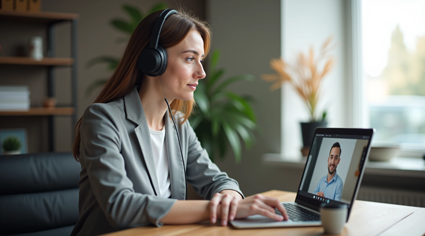 Laptop op bureau met videocall op scherm, persoon op achtergrond met koptelefoon