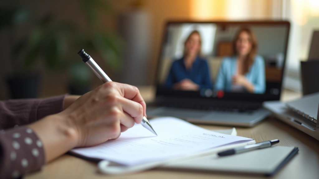 Persoon maakt notities op papier terwijl videovergadering op scherm loopt, gestructureerde notitieboek met pen