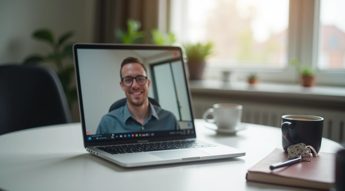 Moderne werkplek met laptop en video conferencing setup, heldere verlichting