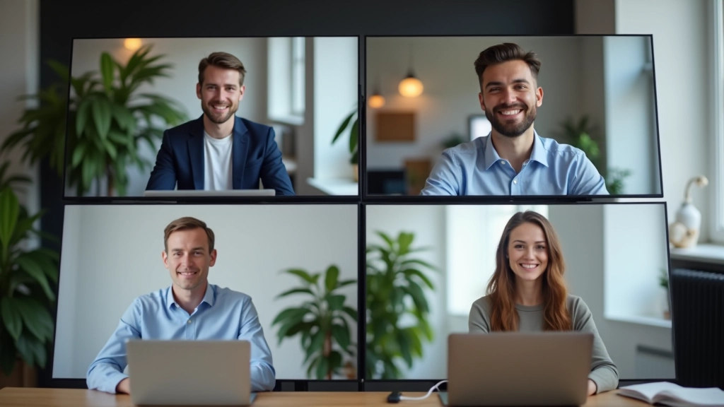Teamleden in virtuele meeting, vier personen op het scherm in videoconferentie