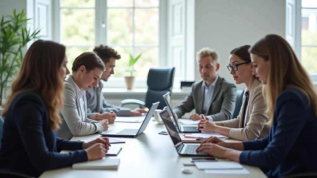 Groep collega's zittend rond tafel in brainstormsessie, laptops zichtbaar