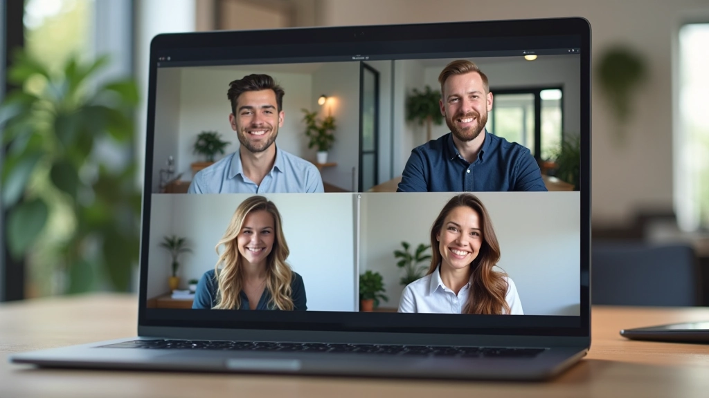 Groep van vier mensen op videovergadering op laptopscherm, camera's zichtbaar van leden, huiskantooromgeving
