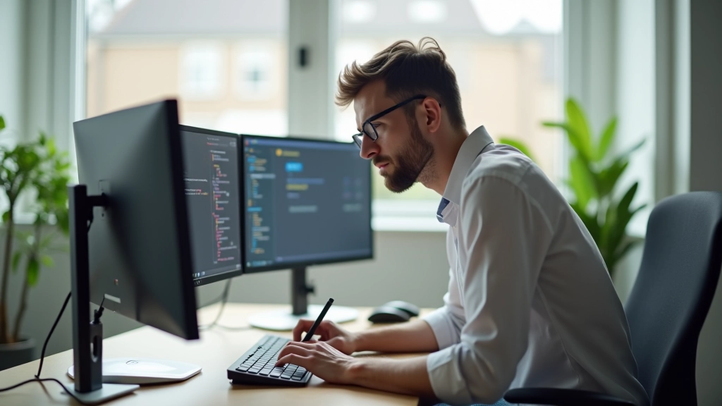 Person aan thuisbureaau, geconcentreerd werkend met twee monitoren, minimalistisch interieur met plantentas