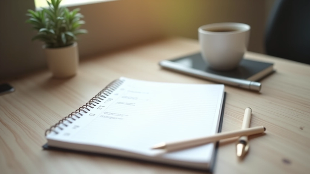 Notitieblok met checklist, pen en kopje koffie op schoon bureau